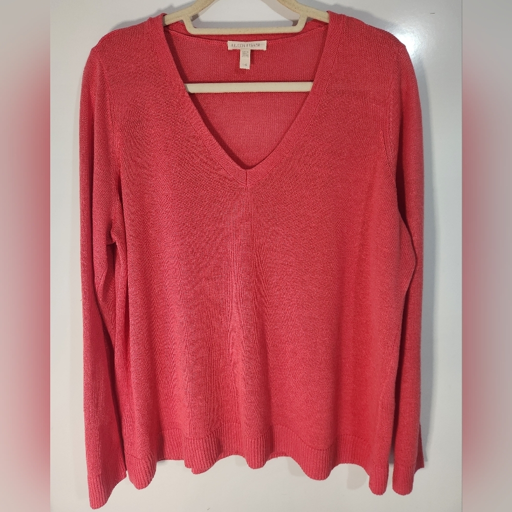 Eileen Fisher Linen V-Neck Coral Sweater, Size Large